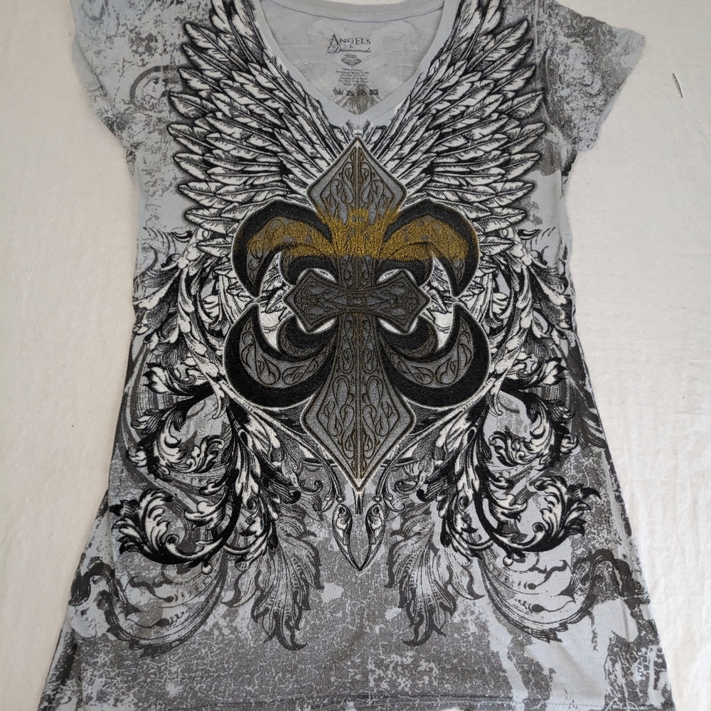 Angels and Diamonds Cap Sleeve Blouse w/Angel Wings & Fleur-de-lis on Both Sides